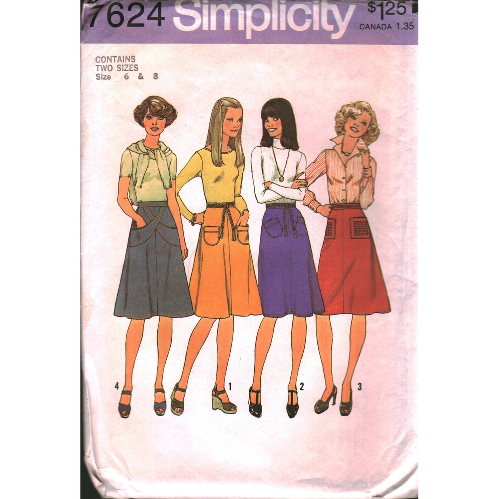 Simplicity 7624 Vintage 1970s A-Line Skirt Sewing Pattern Size 6 8 Retro Boho